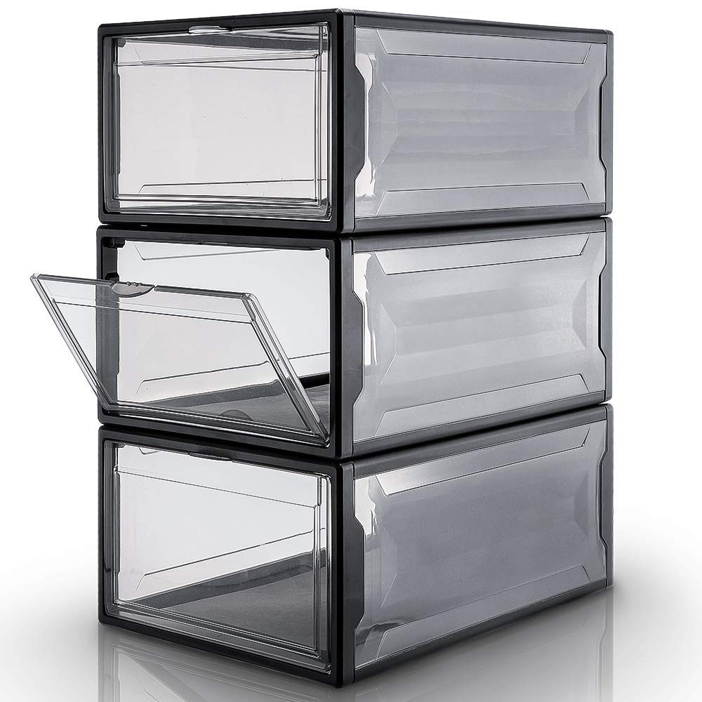 Yorbay Schuhbox, 3er Set, stapelbarer Schuhorganizer, Kunststoffbox mit durchsichtiger Tür, Mehrweg Schuhaufbewahrung, 37 x26 x 16 cm
