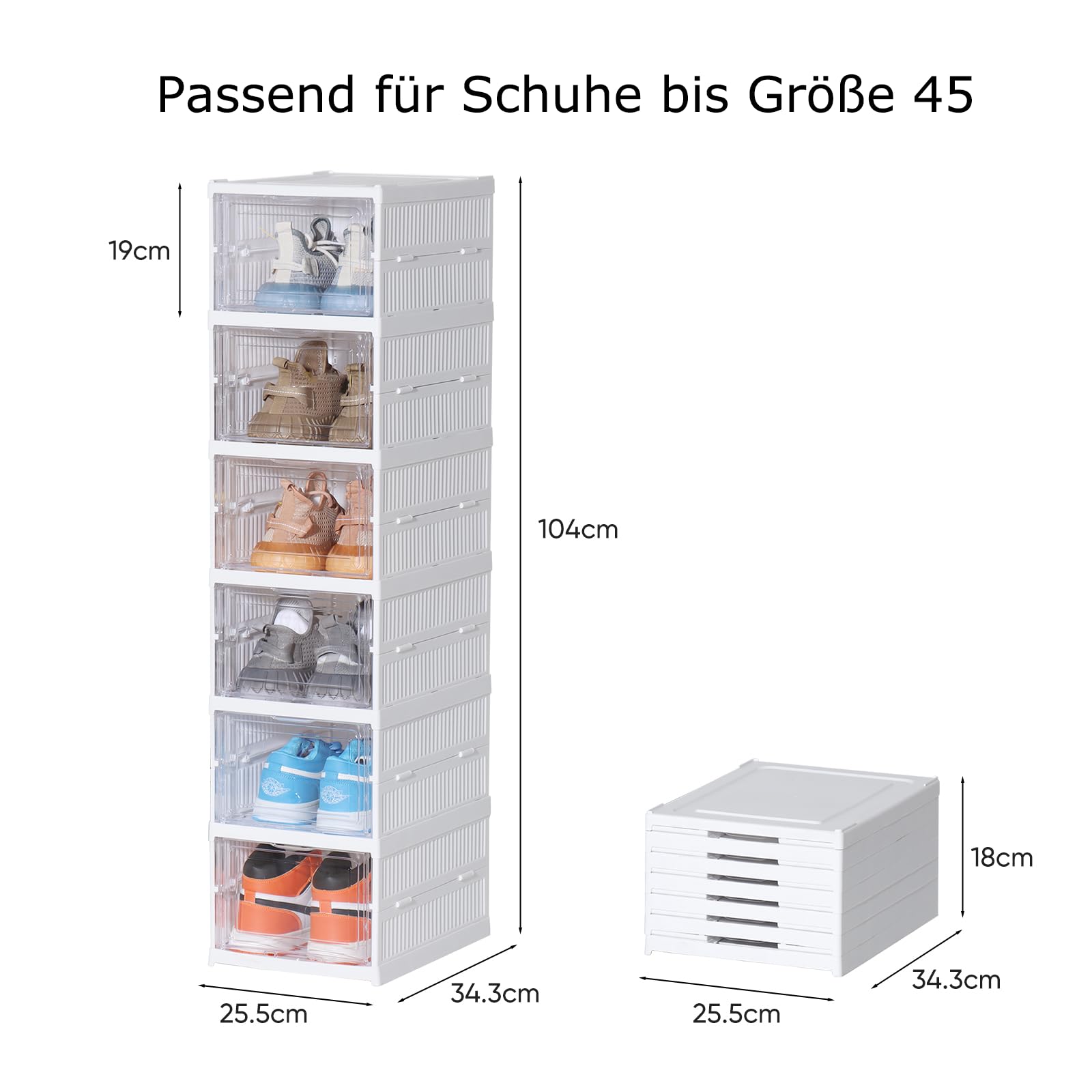 ELUCHANG Schuhboxen Stapelbar Transparent, Installationsfrei 6er Pack Schuhbox, Faltbar Schuhaufbewahrung mit Tür für Schrank Wand