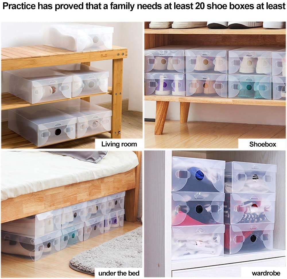 BUZIFU Schuhboxen 20 Stück Transparente Schuhkartons Faltbarer Plastik Schuhaufbewahrung Box Stapelbare Schuhboxen Schuh Organizer Boxen