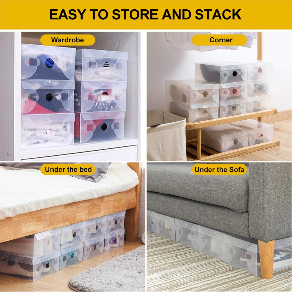 BUZIFU Schuhboxen 20 Stück Transparente Schuhkartons Faltbarer Plastik Schuhaufbewahrung Box Stapelbare Schuhboxen Schuh Organizer Boxen