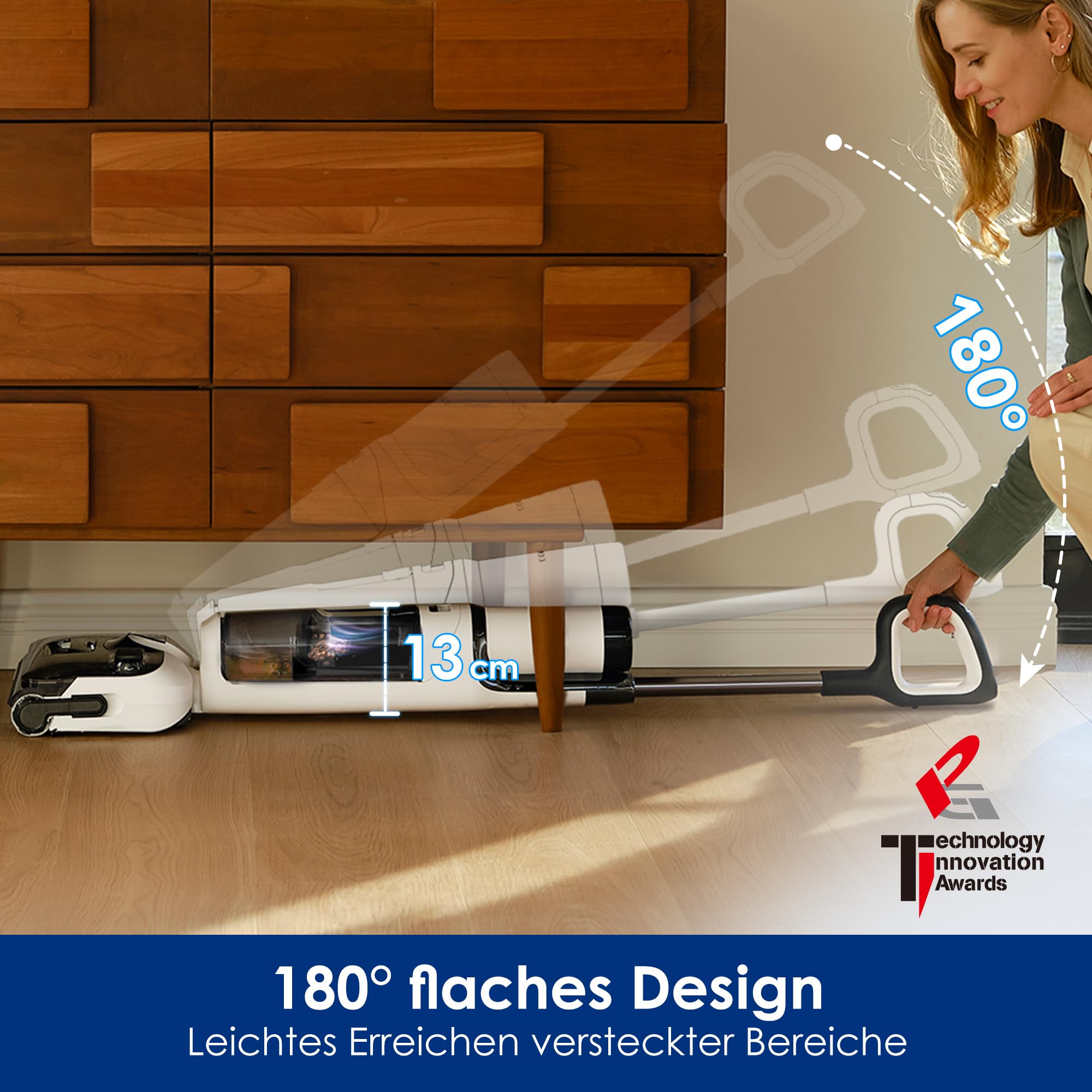 Tineco Floor One Stretch S6 - Nass/Trockensauger, 180°-Flachdesign 13cm, 70°C FlashDry Selbstreinigung, 40min Laufzeit, 3-seitige Kantenreinigung