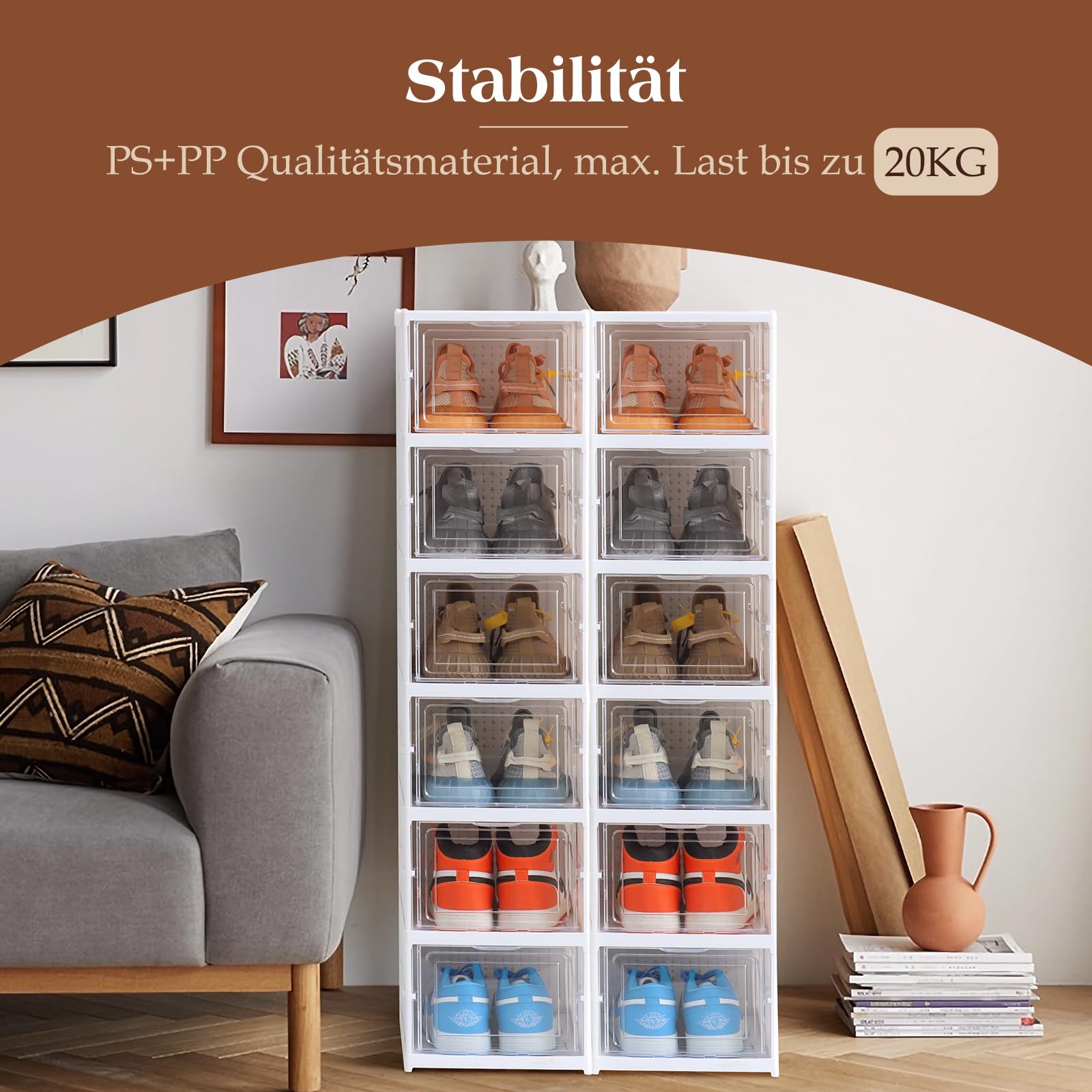 ELUCHANG Schuhboxen Stapelbar Transparent, Installationsfrei 6er Pack Schuhbox, Faltbar Schuhaufbewahrung mit Tür für Schrank Wand