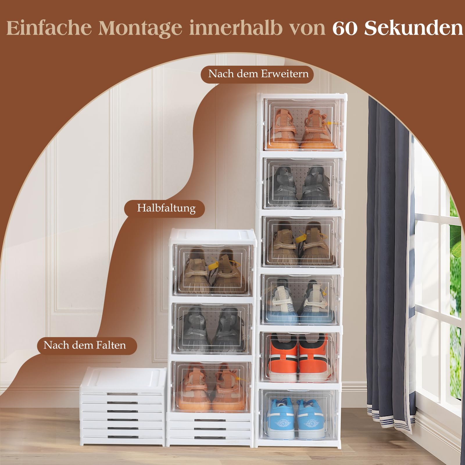 ELUCHANG Schuhboxen Stapelbar Transparent, Installationsfrei 6er Pack Schuhbox, Faltbar Schuhaufbewahrung mit Tür für Schrank Wand