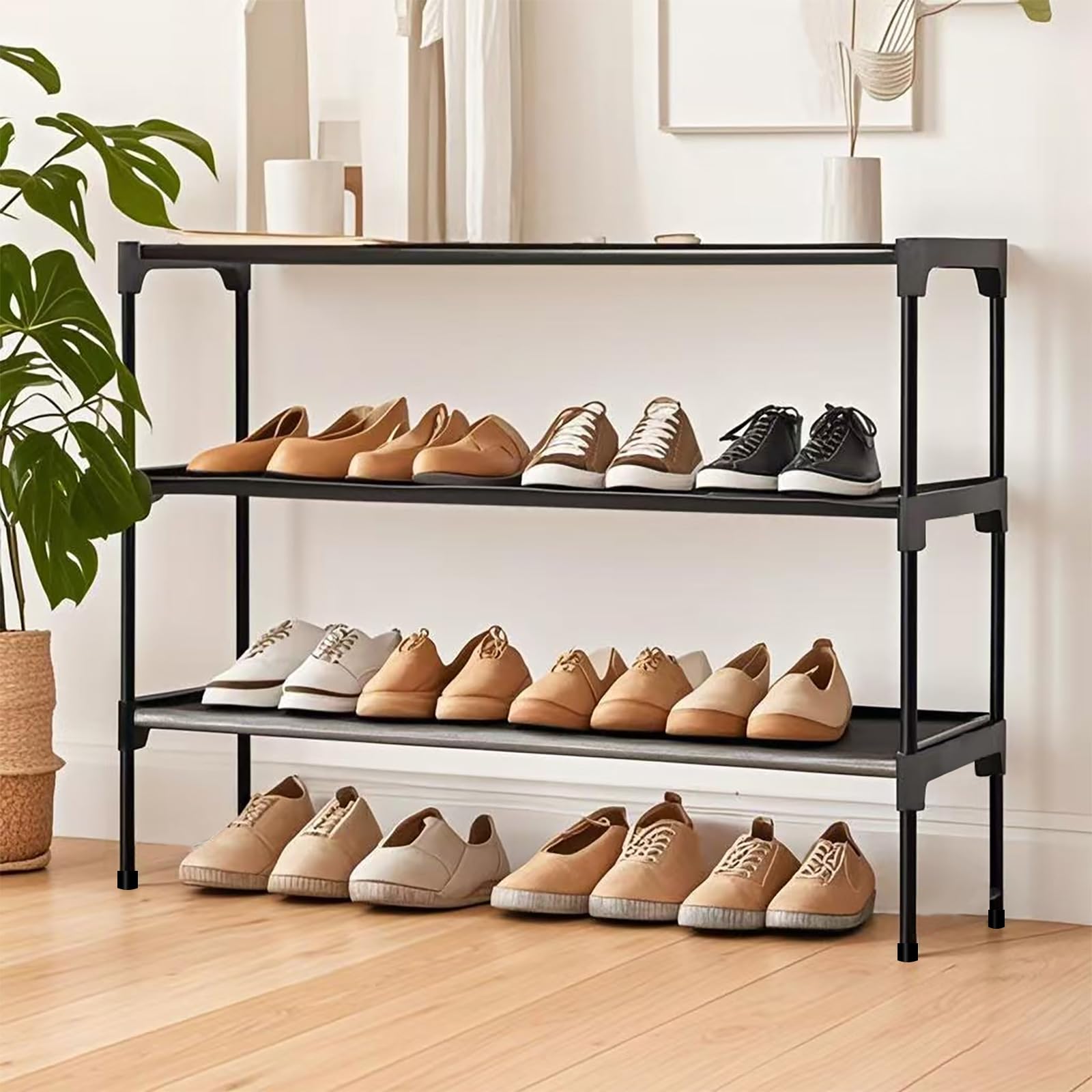 OLYREO Schuhregal 3 Ebenen, Metall Stapelbar Kleine Schuhregal Schmal Platzsparend Schuhregale für 12 Paar Schuhe, Schuhaufbewahrung