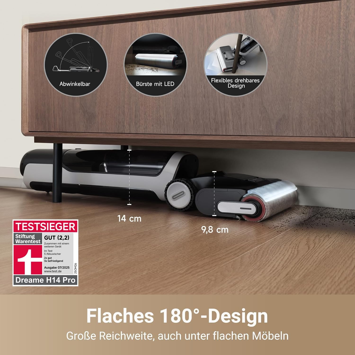 dreame H14 Pro Nass/Trockensauger - 180° Lie-Flat, 60°C Bürstenpflege, 5-min Trocknung, App-Steuerung, Doppelrotationsbürste, 18 kPa Saugkraft