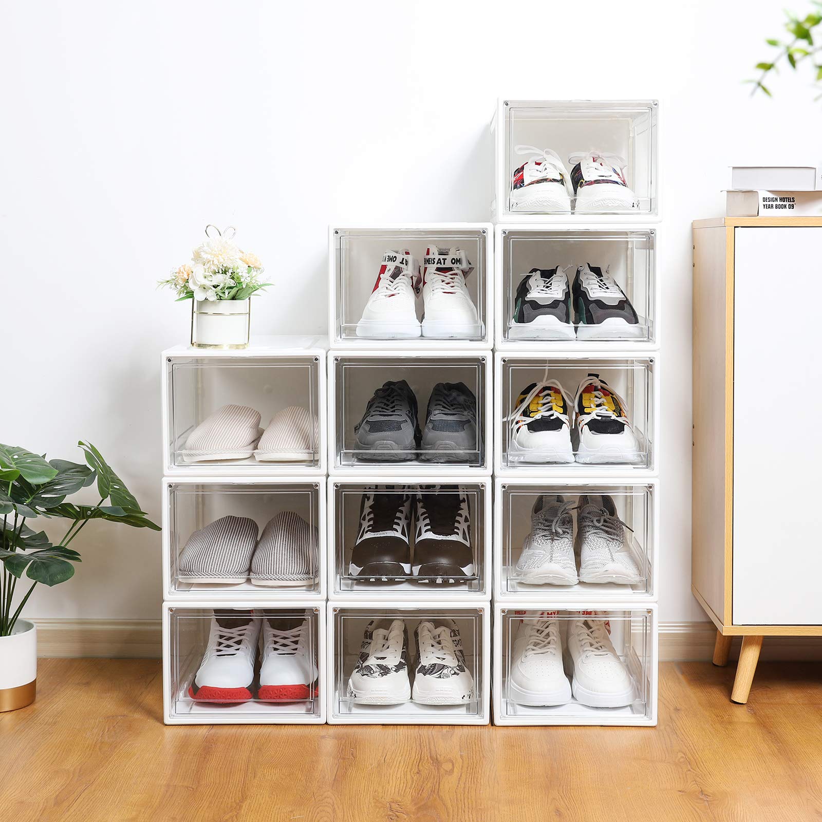 Yorbay Schuhbox, 3er Set, stapelbarer Schuhorganizer, Kunststoffbox mit durchsichtiger Tür, Schuhaufbewahrung, 37 x25,5 x 20 cm