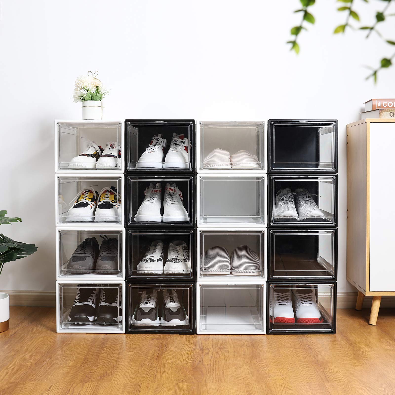 Yorbay Schuhbox, 3er Set, stapelbarer Schuhorganizer, Kunststoffbox mit durchsichtiger Tür, Schuhaufbewahrung, 37 x25,5 x 20 cm