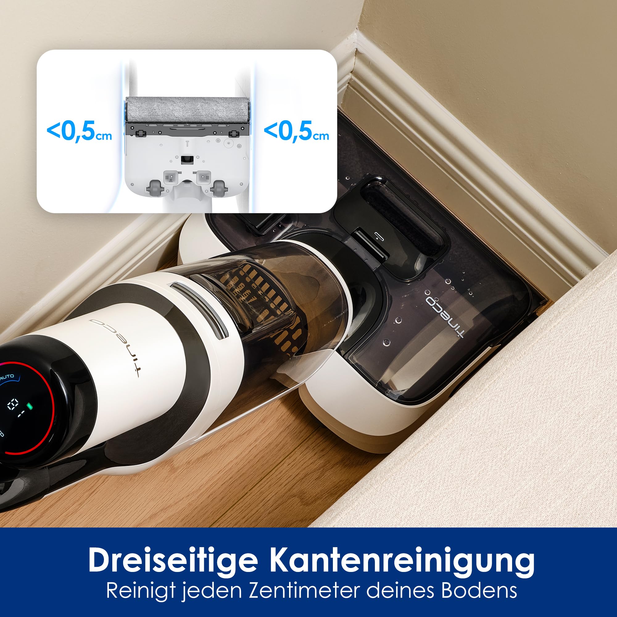 Tineco Floor One Stretch S6 - Nass/Trockensauger, 180°-Flachdesign 13cm, 70°C FlashDry Selbstreinigung, 40min Laufzeit, 3-seitige Kantenreinigung