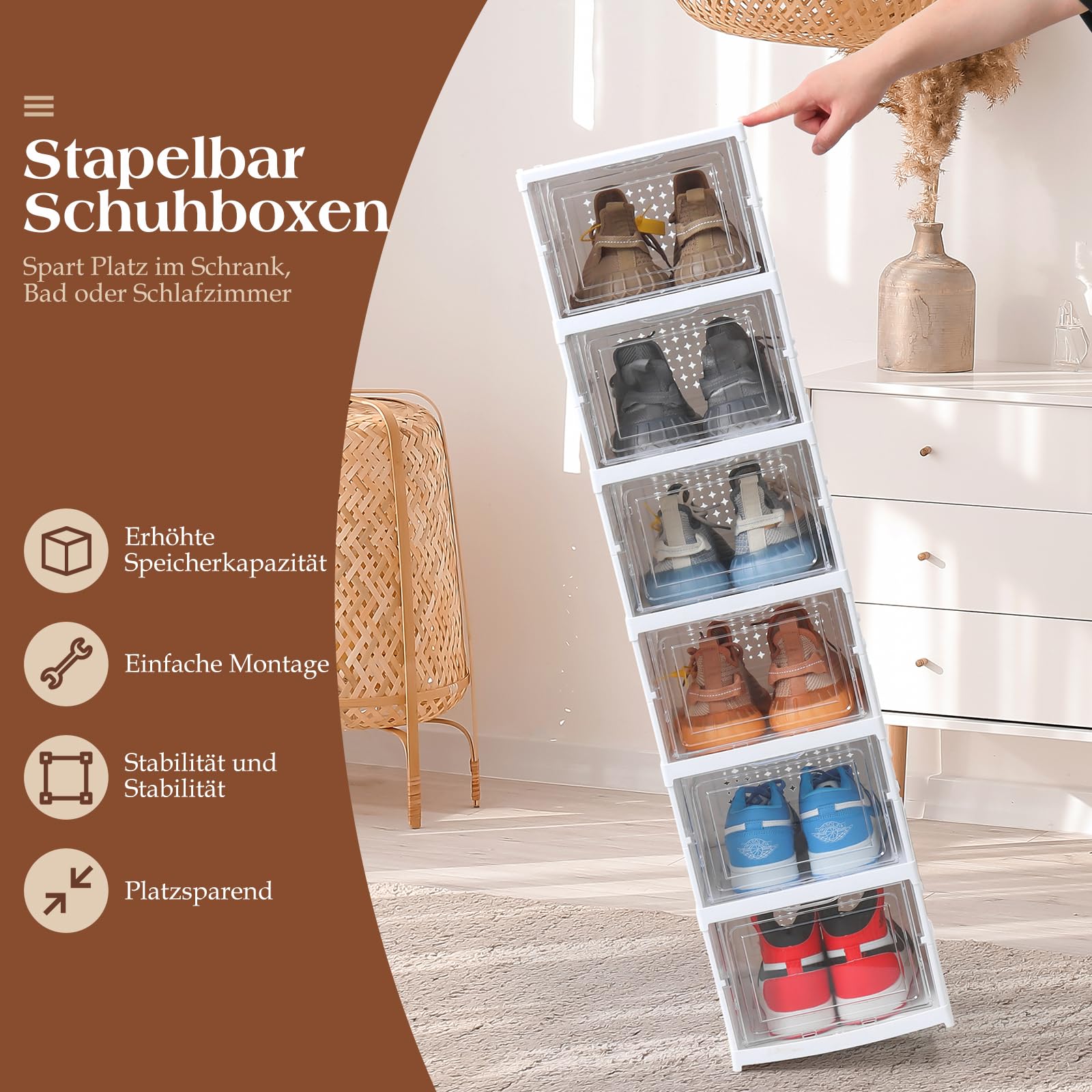 ELUCHANG Schuhboxen Stapelbar Transparent, Installationsfrei 6er Pack Schuhbox, Faltbar Schuhaufbewahrung mit Tür für Schrank Wand