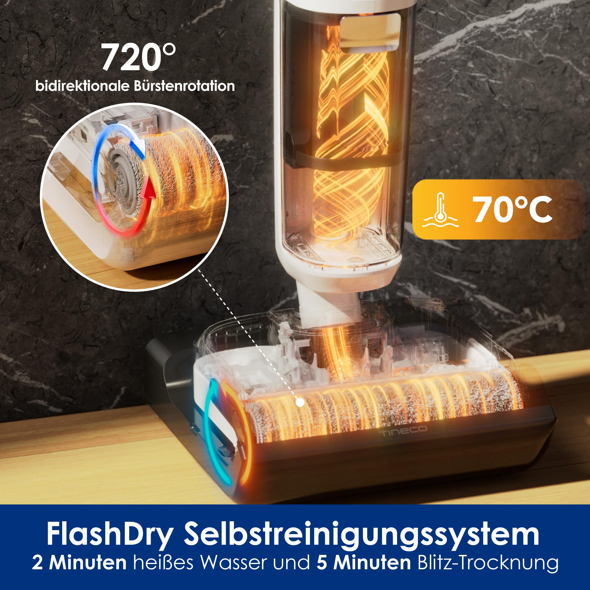 Tineco Floor One Stretch S6 - Nass/Trockensauger, 180°-Flachdesign 13cm, 70°C FlashDry Selbstreinigung, 40min Laufzeit, 3-seitige Kantenreinigung