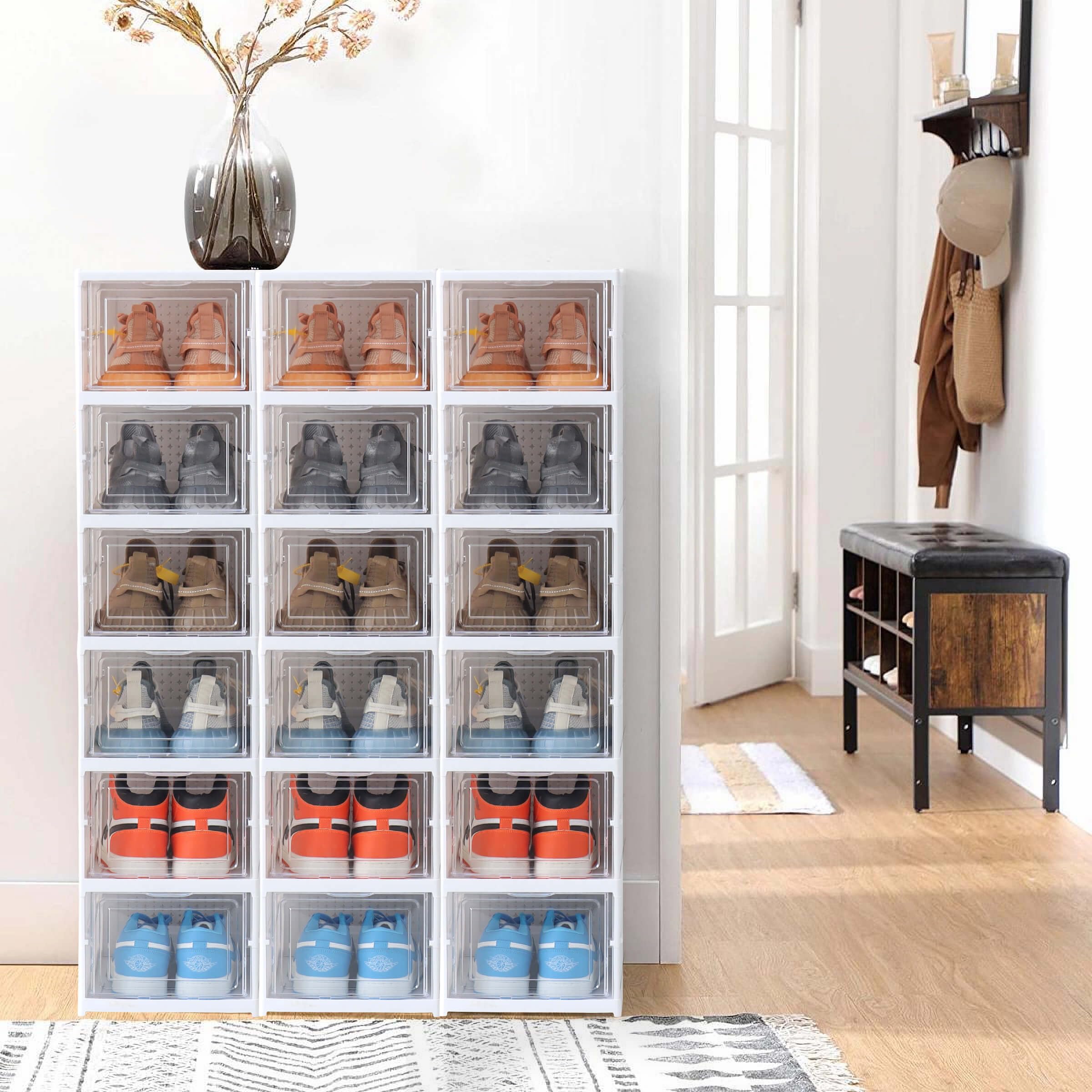 ELUCHANG Schuhboxen Stapelbar Transparent, Installationsfrei 6er Pack Schuhbox, Faltbar Schuhaufbewahrung mit Tür für Schrank Wand