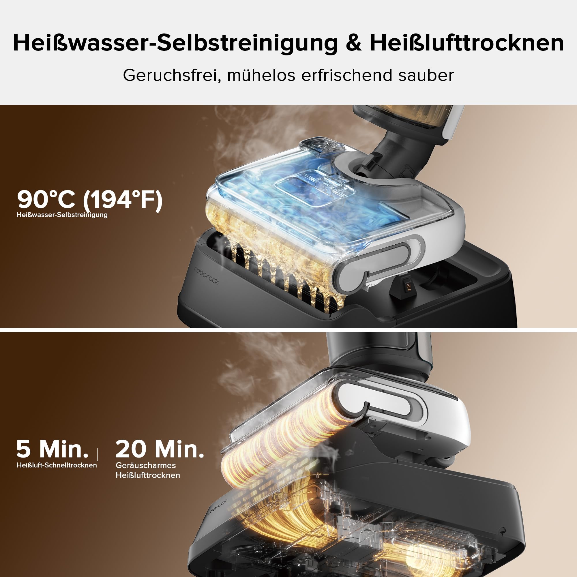 roborock F25 - Nass/Trocken-Staubsauger kabellos, 20.000 Pa, 90°C Heißluft-Trocknung, Heißwasser-Selbstreinigung, kein Verheddern, 180° absenkbar