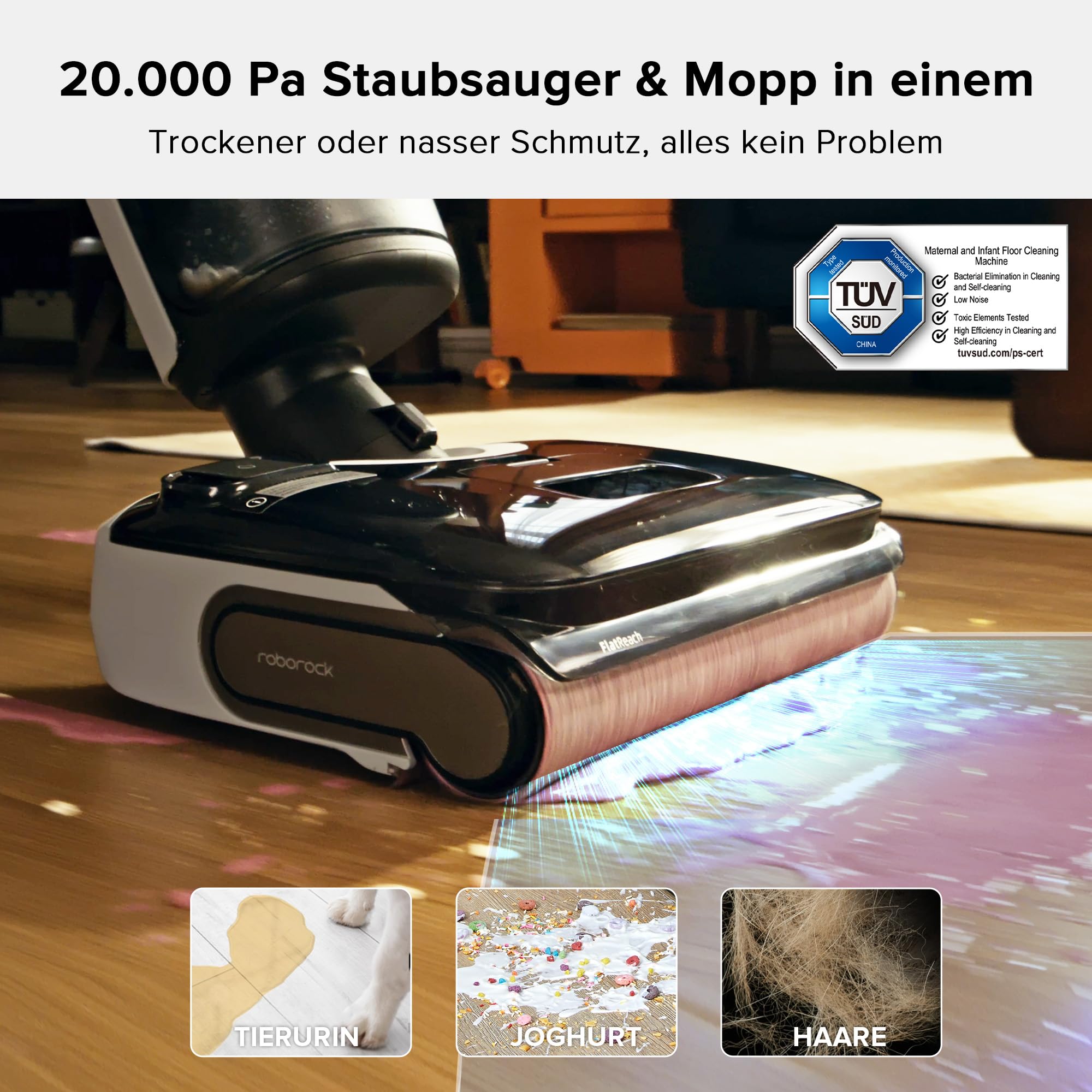 roborock F25 - Nass/Trocken-Staubsauger kabellos, 20.000 Pa, 90°C Heißluft-Trocknung, Heißwasser-Selbstreinigung, kein Verheddern, 180° absenkbar